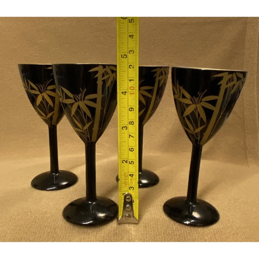 Set 4 Vtg Japan Sake Shot Bamboo Tree GoldPainted On BLACK LACQUER WOOD Stemware